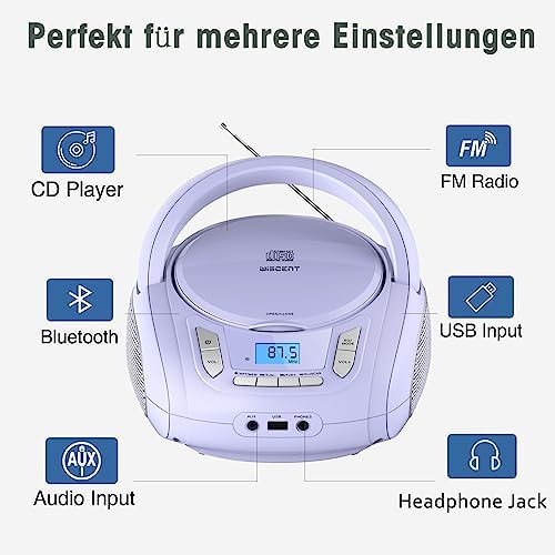 Tragbare CD-Player für Kinder - Radio-CD-Boombox mit Bluetooth & USB-Eingang & AUX-Anschluss, CD-Player für zu Hause ode