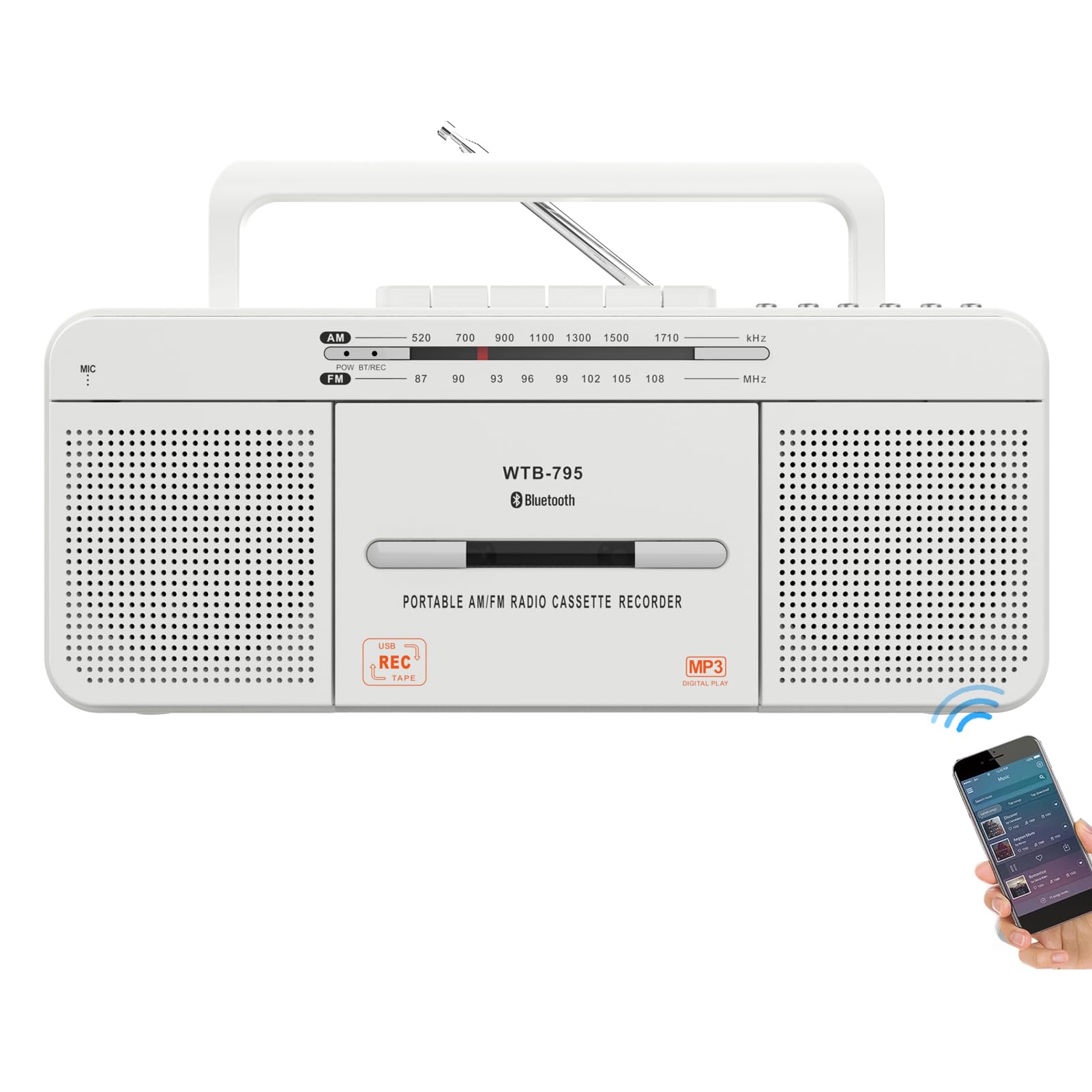 WTB-795 Retro Kassettenspieler mit USB/Bluetooth, AM/FM-Radio, großen Lautsprecher, Kopfhöreranschluss, Kassetten-zu-MP3